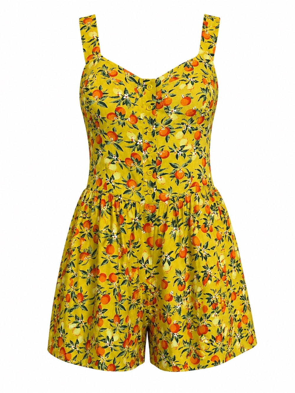 Wild Fable Yellow Tropical Citrus Fruit Ruched Romper Womens SZ M Farm Farmhouse
